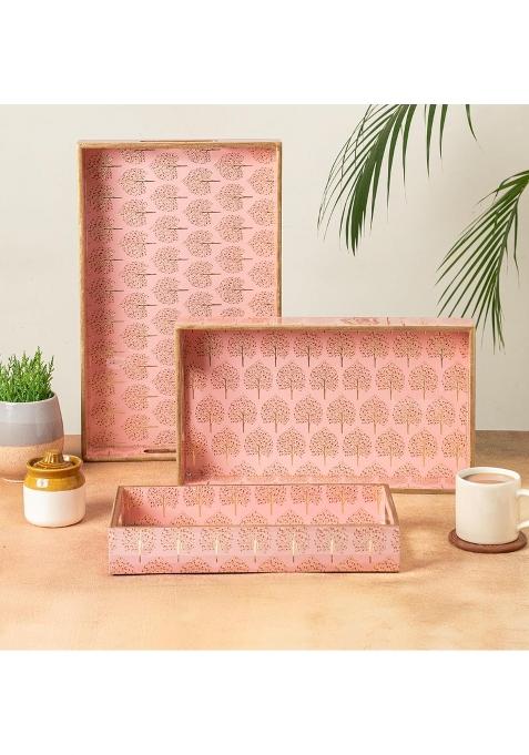Civana Homes Wooden Serving Tray with Gold Engraving Size 16 X 10 Inch 14 X 8 Inch and 12 X 6 Inch Set of 3