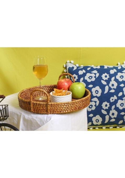 Akway Beige Wicker Serving Tray Wooden Serving Tray for Home Dining Table Decorative Trays