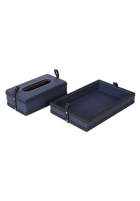 Akway Blue Serving Tray Faux Leather Serving Tray and Tissue Box for Home