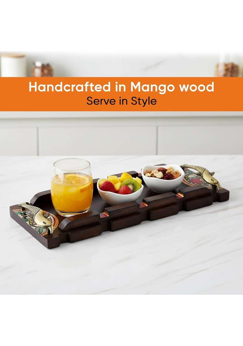 Aakriti ART Creations Brown Handcrafted Tray with Warli Design and Fish Handles - Indya