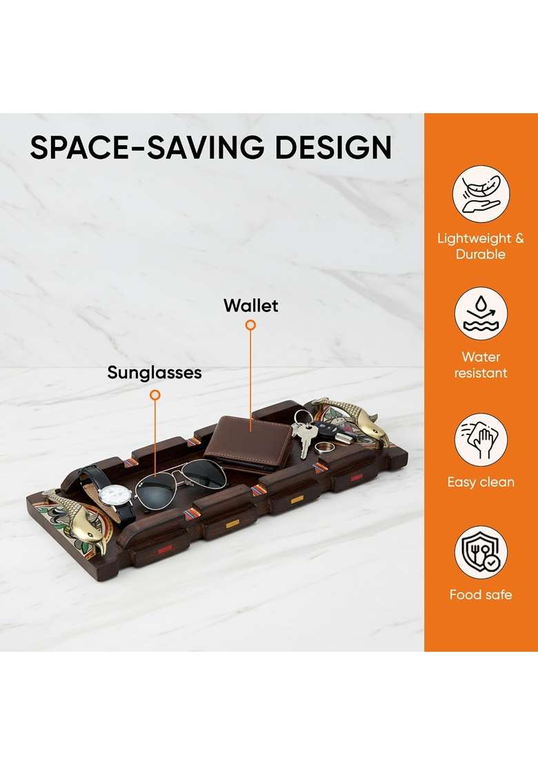 Aakriti ART Creations Brown Handcrafted Tray with Warli Design and Fish Handles - Indya