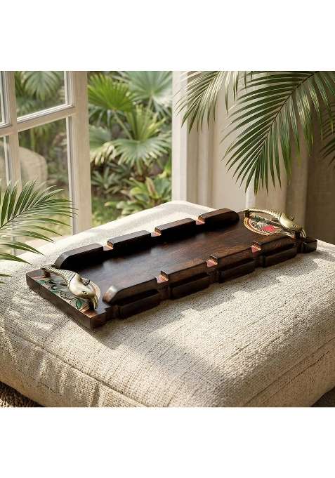 Aakriti ART Creations Brown Handcrafted Tray with Warli Design and Fish Handles