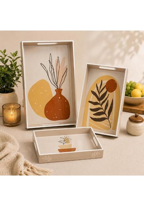 The Earth Store Ivory Amber Botanica Premium Wooden Serving Tray Engineered Wood with Resin Art Set of 3