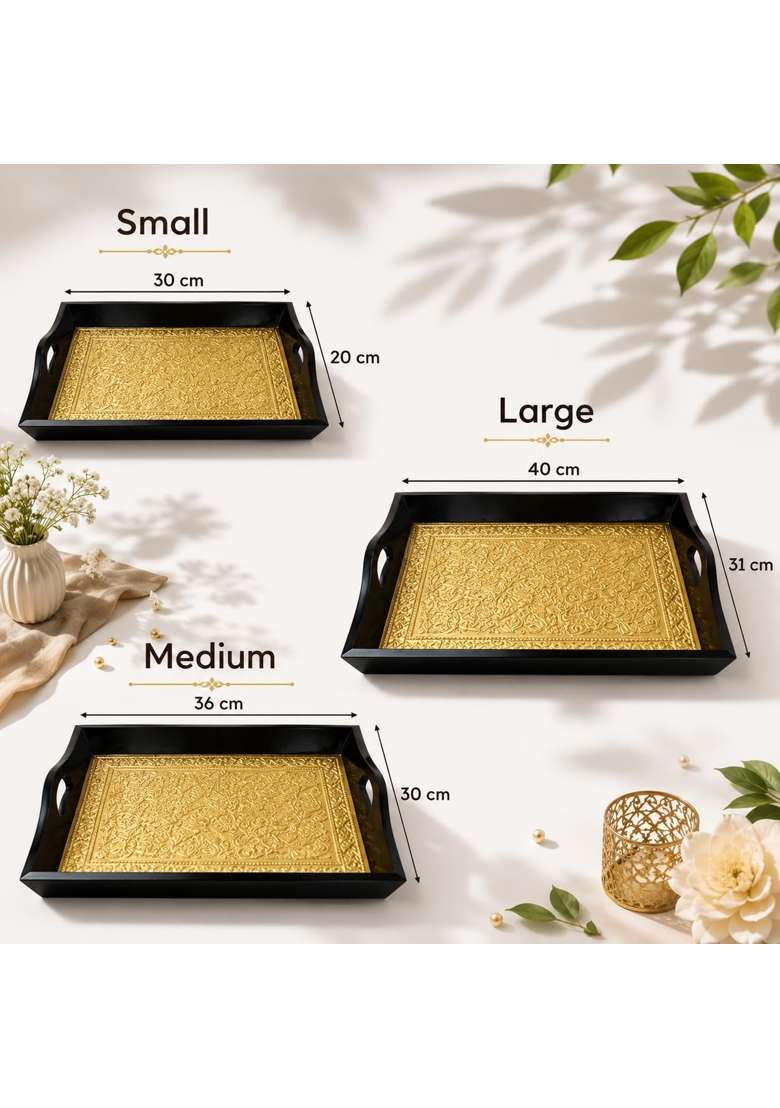 Crafted Wonders Wooden Tray Serving Brass Tray Handcrafted for Table Decor Set of 3 - Indya