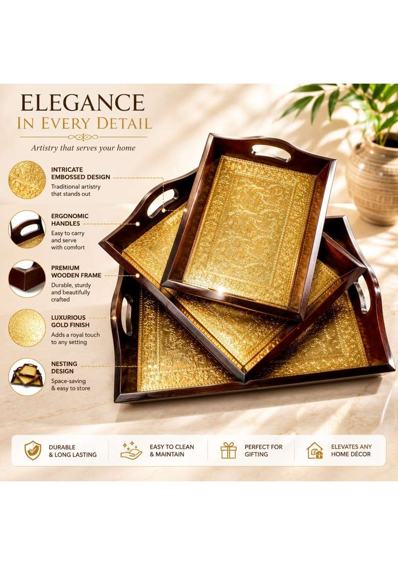 Crafted Wonders Wooden Tray Serving Brass Tray Handcrafted for Table Decor Set of 3 - Indya