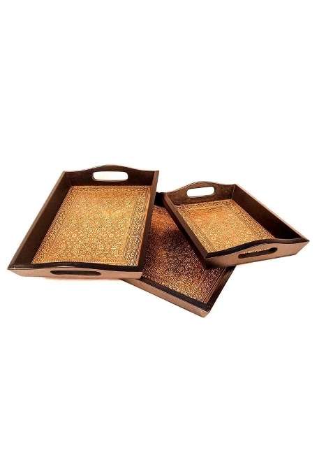 Crafted Wonders Wooden Tray Serving Brass Tray Handcrafted for Table Decor Set of 3