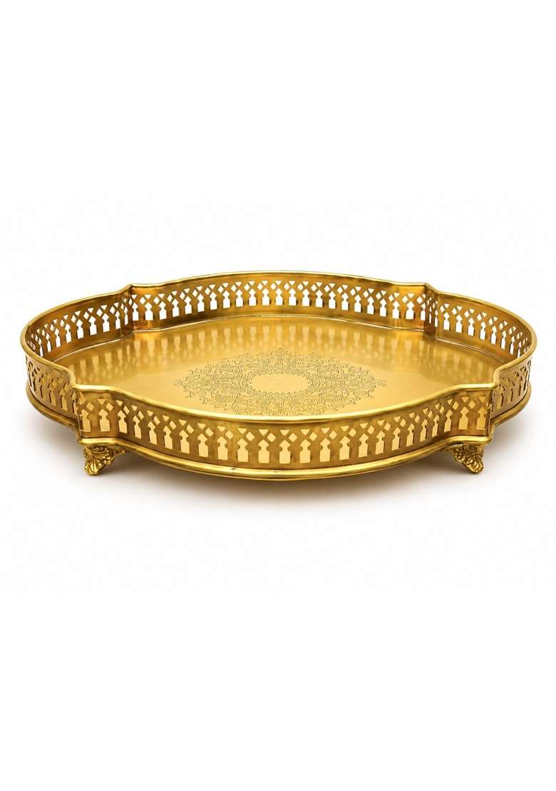 Tangerine Golden Matte Finish Decorative Brass Serving Tray with Cut Work Design Oval 15 Inches - Indya