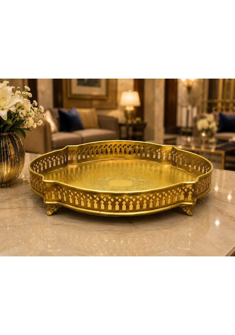 Tangerine Golden Matte Finish Decorative Brass Serving Tray with Cut Work Design Oval 15 Inches - Indya