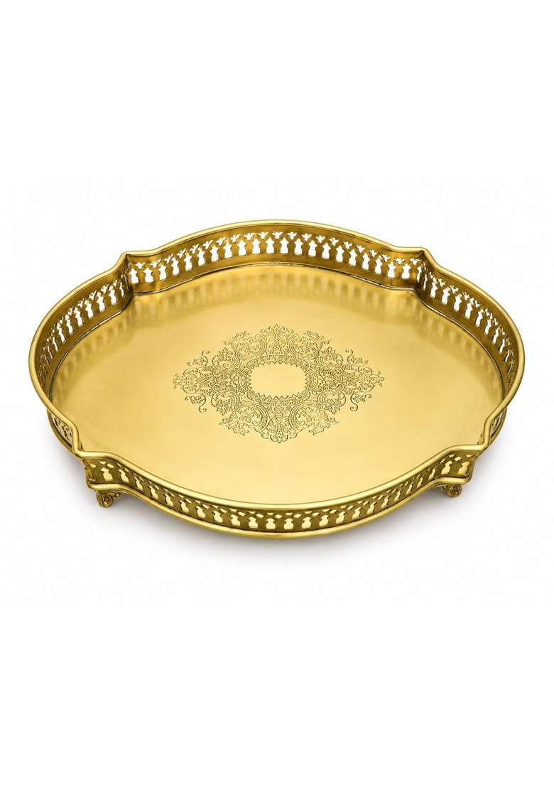 Tangerine Golden Matte Finish Decorative Brass Serving Tray with Cut Work Design Oval 15 Inches - Indya