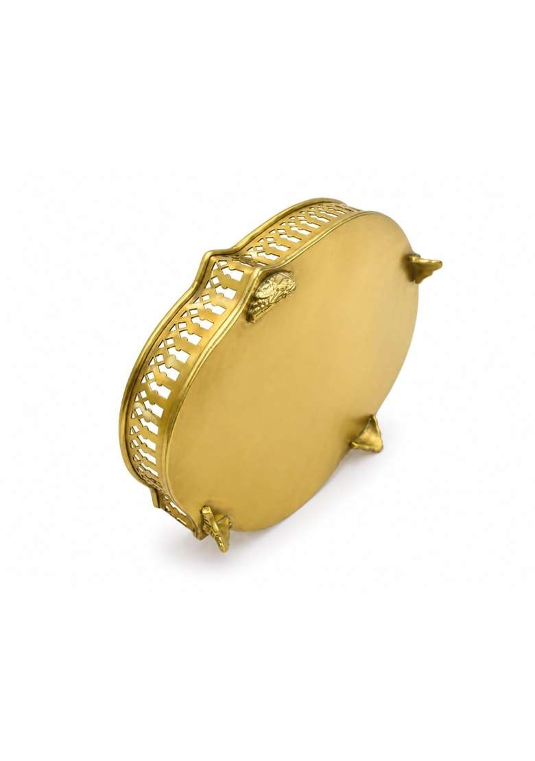Tangerine Golden Matte Finish Decorative Brass Serving Tray with Cut Work Design Oval 15 Inches - Indya