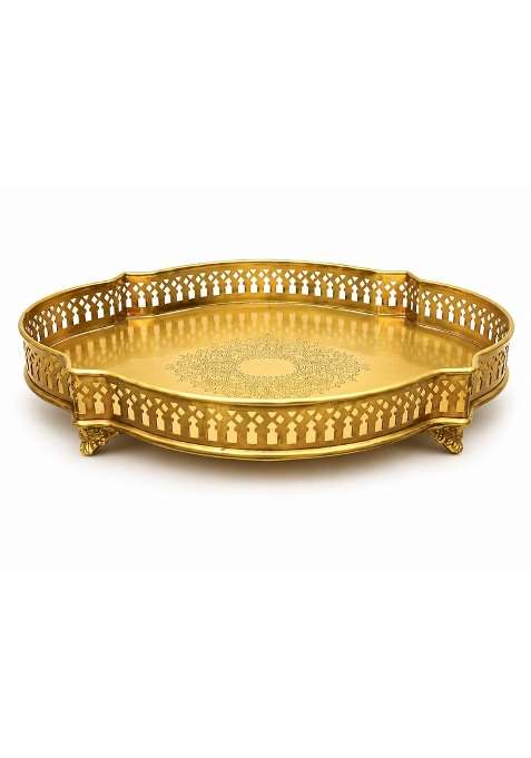 Tangerine Golden Matte Finish Decorative Brass Serving Tray with Cut Work Design Oval 15 Inches