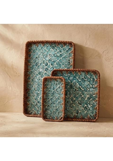 Oddpod Teal Mother of Pearl Handcrafted Rectangular Rattan Trays Set of 3
