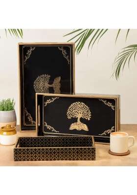 Civanahomes Wooden Serving Tray with Gold Engraving Size 16 X 10 Inch 14 X 8 Inch and 12 X 6 Inch Set of 3