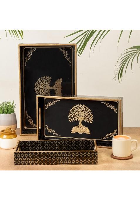 Civanahomes Wooden Serving Tray with Gold Engraving Size 16 X 10 Inch 14 X 8 Inch and 12 X 6 Inch Set of 3