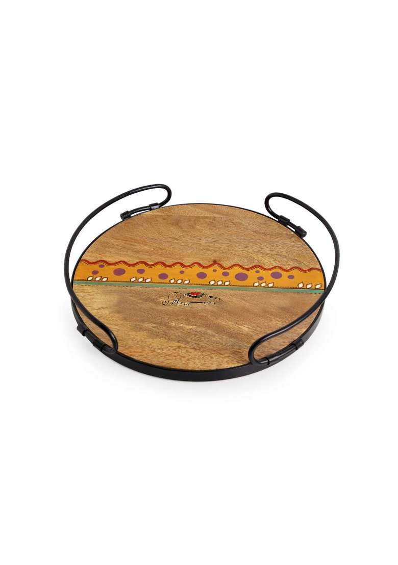 Exclusivelane Round Handled Madhubani Hand Painted Tray in Mango Wood and Iron 13 Inch - Indya