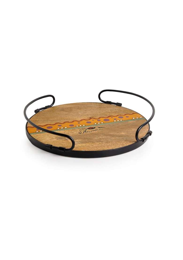 Exclusivelane Round Handled Madhubani Hand Painted Tray in Mango Wood and Iron 13 Inch - Indya