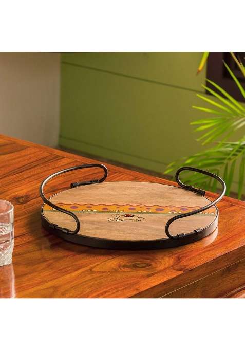 Exclusivelane Round Handled Madhubani Hand Painted Tray in Mango Wood and Iron 13 Inch