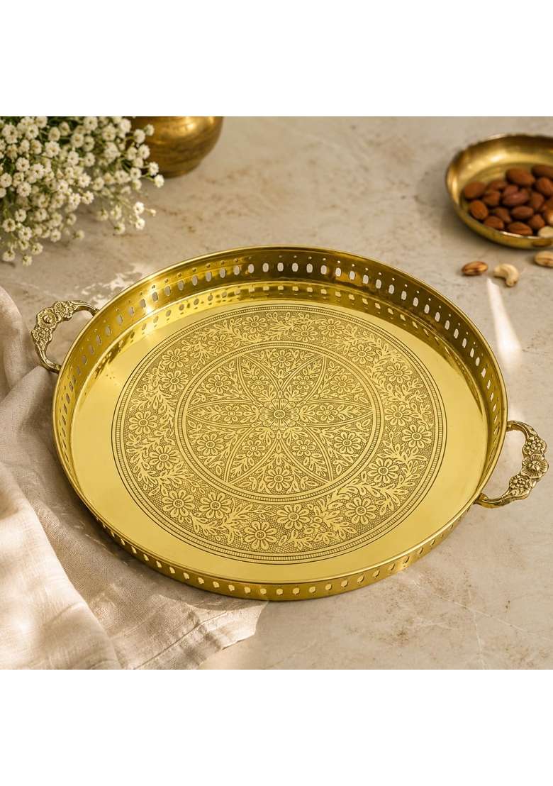Exoria Gold Pure Brass Round Serving Tray Decorative Vintage Handles Brass Pooja Tray - Indya