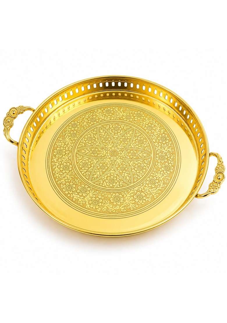 Exoria Gold Pure Brass Round Serving Tray Decorative Vintage Handles Brass Pooja Tray - Indya