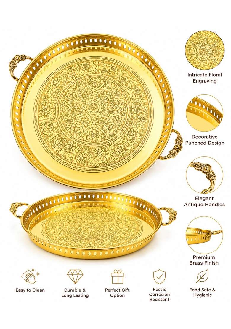Exoria Gold Pure Brass Round Serving Tray Decorative Vintage Handles Brass Pooja Tray - Indya