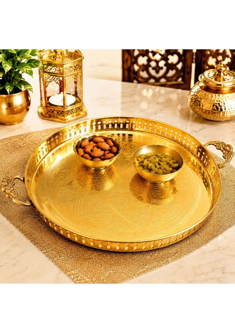 Exoria Gold Pure Brass Round Serving Tray Decorative Vintage Handles Brass Pooja Tray - Indya