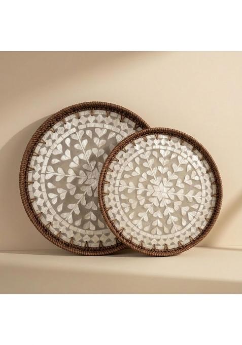 Oddpod Grey Mother of Pearl Handcrafted Round Rattan Trays Set of 2