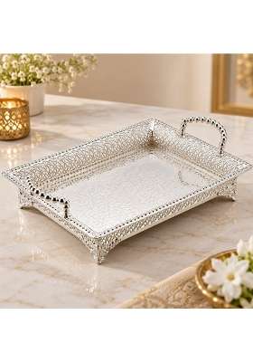 SF Steel Factory German Silver Serving Tray with Beaded Handles Decorative Metal Tray for Dry Fruits Mithai