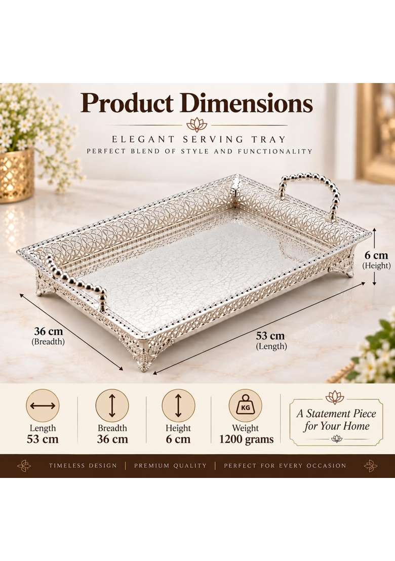 SF Steel Factory German Silver Serving Tray with Beaded Handles Decorative Metal Tray for Dry Fruits Mithai - Indya