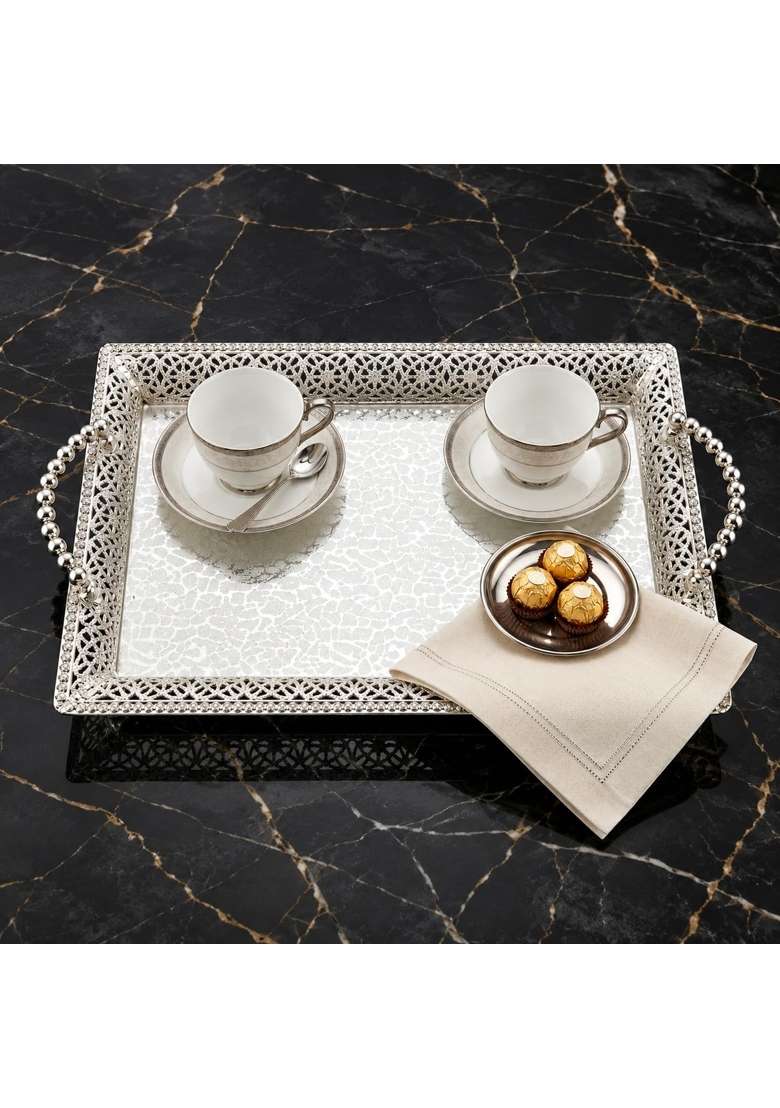 SF Steel Factory German Silver Serving Tray with Beaded Handles Decorative Metal Tray for Dry Fruits Mithai - Indya