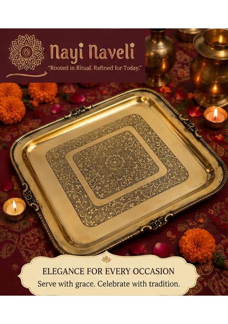 Nayi Naveli Golden Brass Serving Tray Engraved Square Decorative Pooja and Dining Tray - Indya