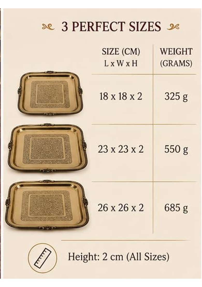 Nayi Naveli Golden Brass Serving Tray Engraved Square Decorative Pooja and Dining Tray - Indya