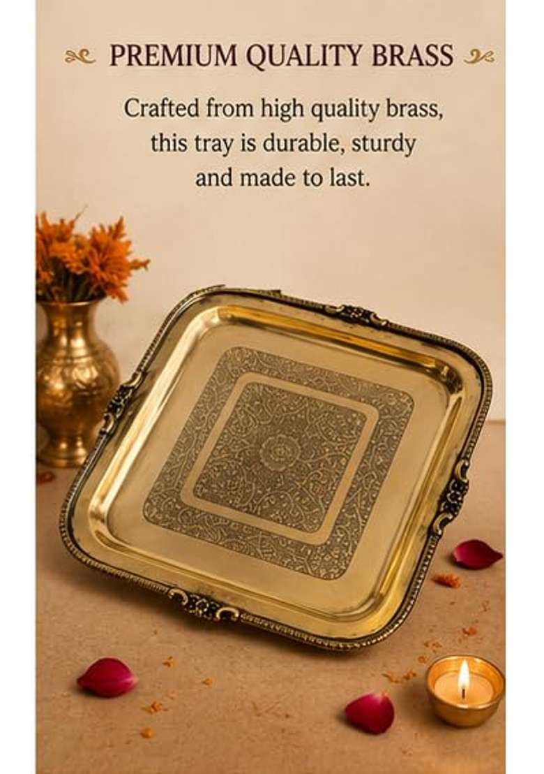 Nayi Naveli Golden Brass Serving Tray Engraved Square Decorative Pooja and Dining Tray - Indya