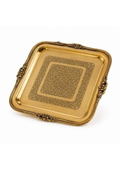 Nayi Naveli Golden Brass Serving Tray Engraved Square Decorative Pooja and Dining Tray