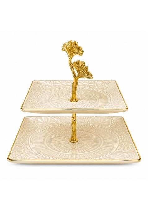 Rapidride 2 Tier Serving Tray with Ginkgo Leaf Stand Elegant Gold and White Decorative Serving Platter