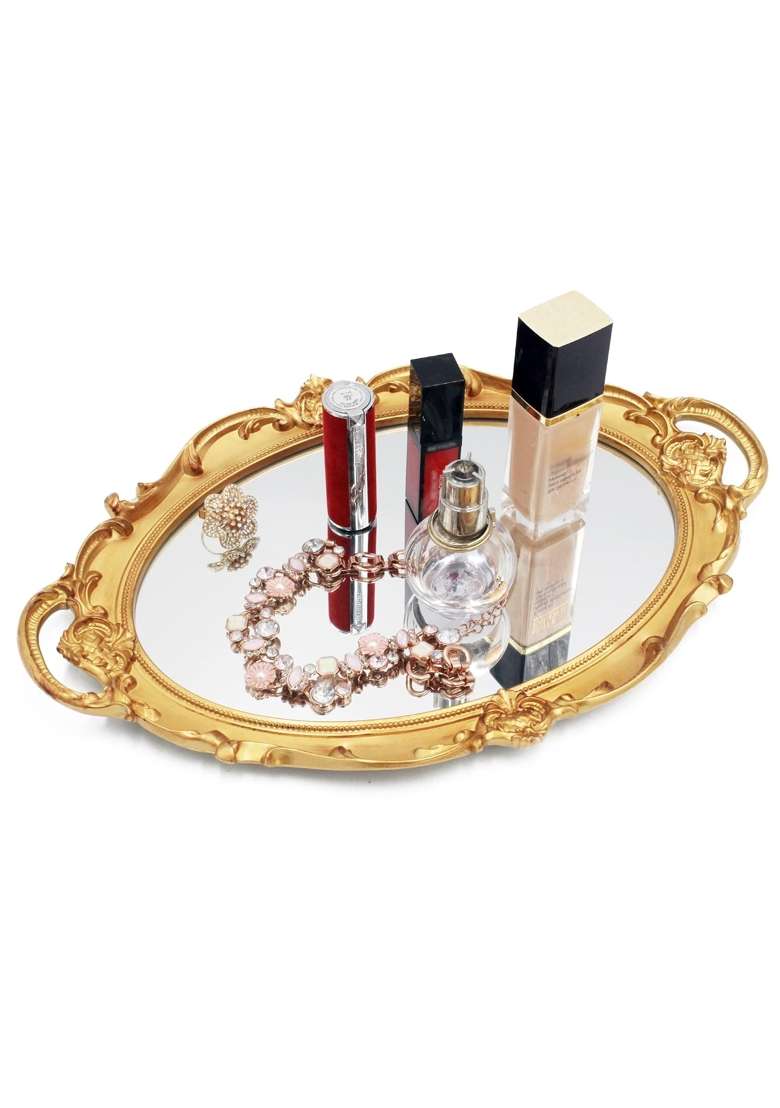 Funerom Vintage 36 Point 8 X 25 Point 4 CM Decorative Gold Mirror Tray Oval - Indya
