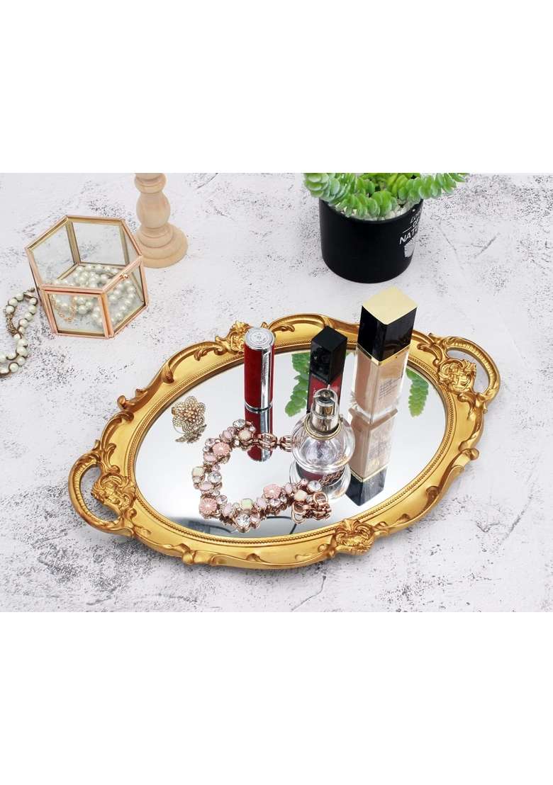 Funerom Vintage 36 Point 8 X 25 Point 4 CM Decorative Gold Mirror Tray Oval - Indya