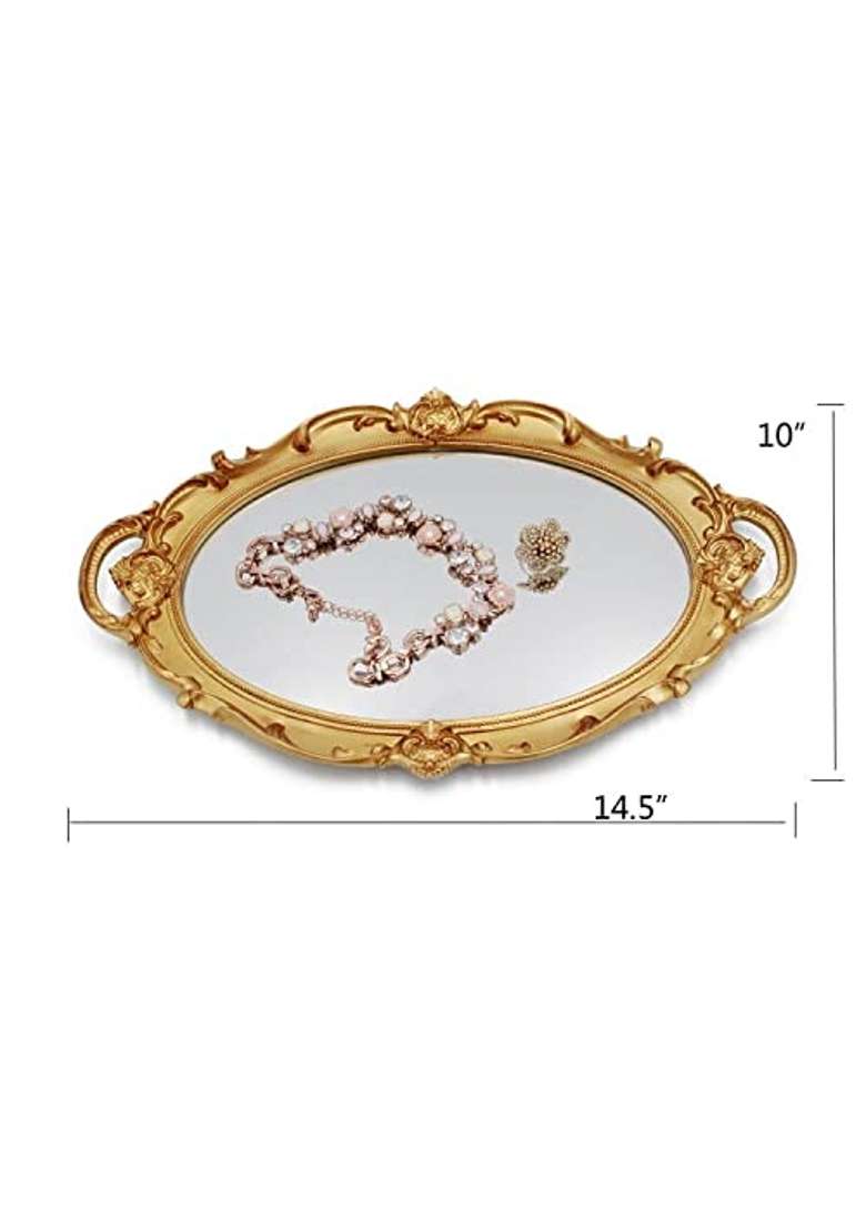 Funerom Vintage 36 Point 8 X 25 Point 4 CM Decorative Gold Mirror Tray Oval - Indya