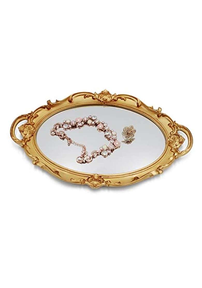 Funerom Vintage 36 Point 8 X 25 Point 4 CM Decorative Gold Mirror Tray Oval - Indya