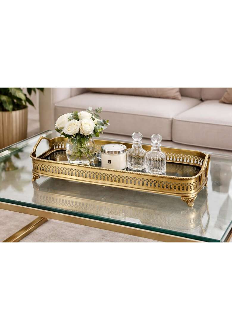 GRD International Antique Finish Brass Serving Tray with Glass Base and Handles - Indya