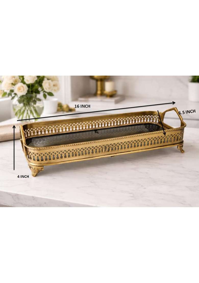 GRD International Antique Finish Brass Serving Tray with Glass Base and Handles - Indya