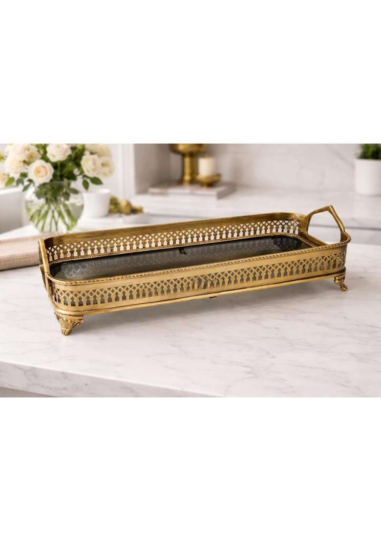 GRD International Antique Finish Brass Serving Tray with Glass Base and Handles - Indya