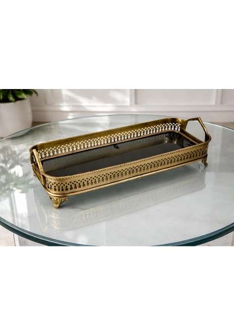 GRD International Antique Finish Brass Serving Tray with Glass Base and Handles
