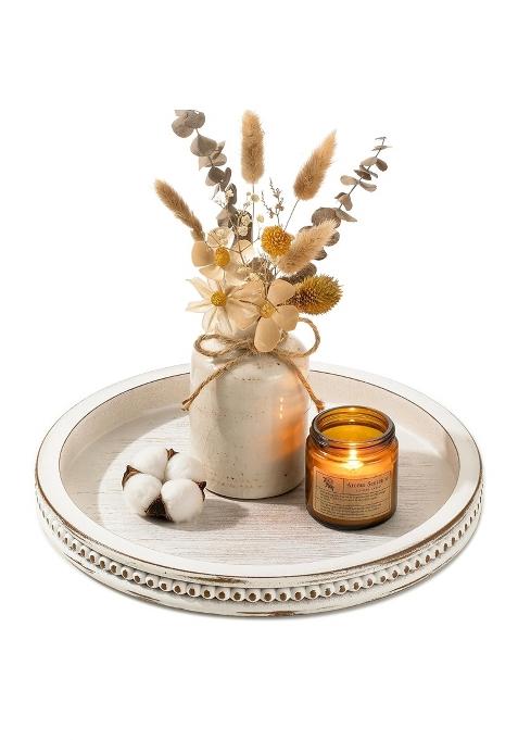 Hanobe Wood Decorative Tray Round White Washed Bead Tray for Coffee Table Rustic Wooden Trays Decor Farmhouse