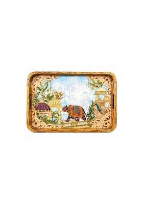 Pavitra Uphaar Brown Elegant Wooden Serving Tray Elephant Art Waterproof Enamel Finish with Easy Grip Handles