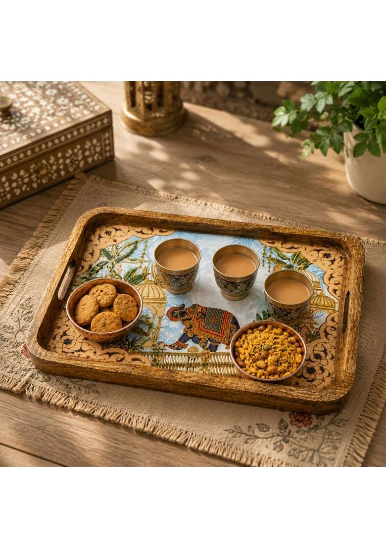 Pavitra Uphaar Brown Elegant Wooden Serving Tray Elephant Art Waterproof Enamel Finish with Easy Grip Handles - Indya