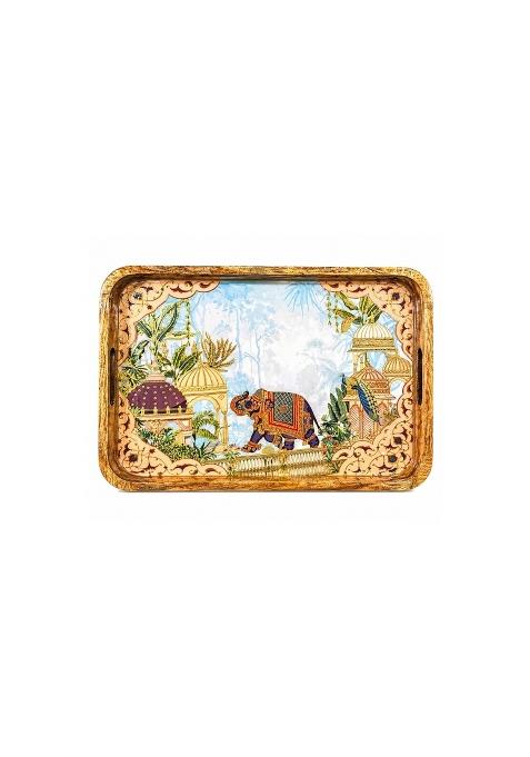 Pavitra Uphaar Brown Elegant Wooden Serving Tray Elephant Art Waterproof Enamel Finish with Easy Grip Handles