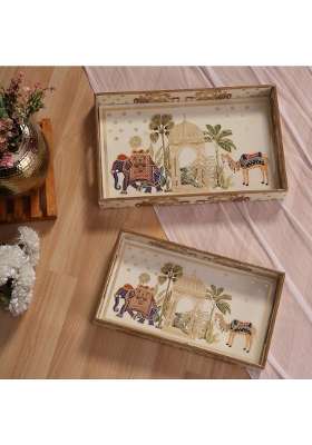 Homeshastra Wooden Serving Tray with Gold Engraving Size 16 X 10 Inch and 14 X 8 Inch Set of 2