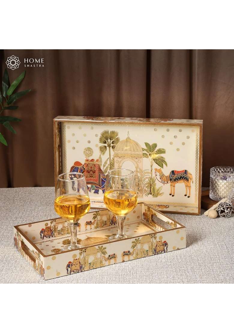 Homeshastra Wooden Serving Tray with Gold Engraving Size 16 X 10 Inch and 14 X 8 Inch Set of 2 - Indya
