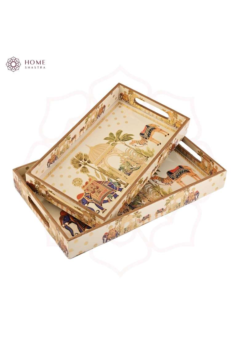 Homeshastra Wooden Serving Tray with Gold Engraving Size 16 X 10 Inch and 14 X 8 Inch Set of 2 - Indya