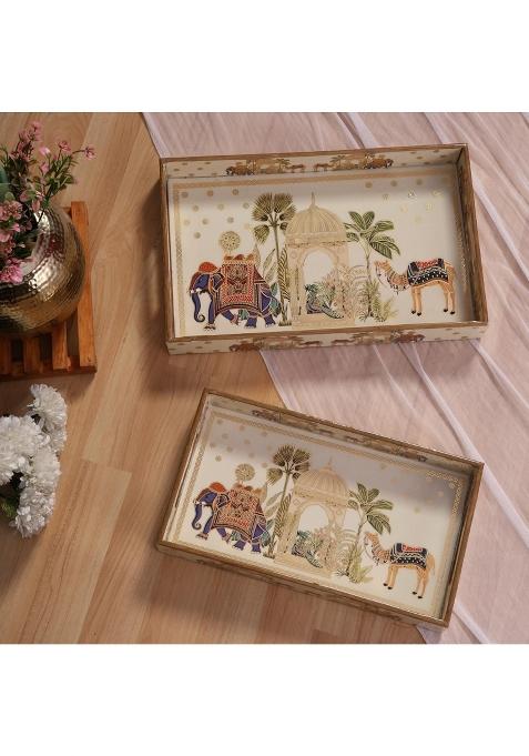 Homeshastra Wooden Serving Tray with Gold Engraving Size 16 X 10 Inch and 14 X 8 Inch Set of 2